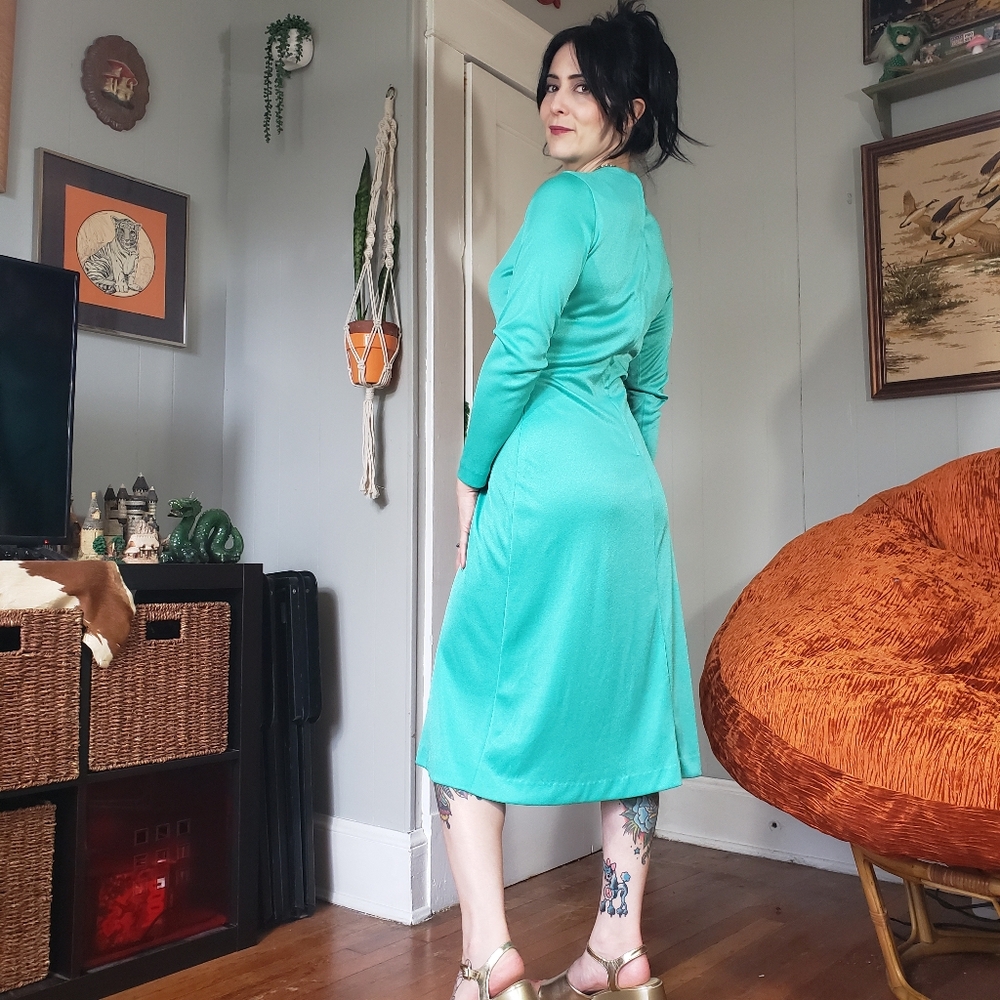 1970s Vintage Seafoam Green Handmade Long-sleeve Midi Dress Medium 70s Retro - Picture 4 of 13